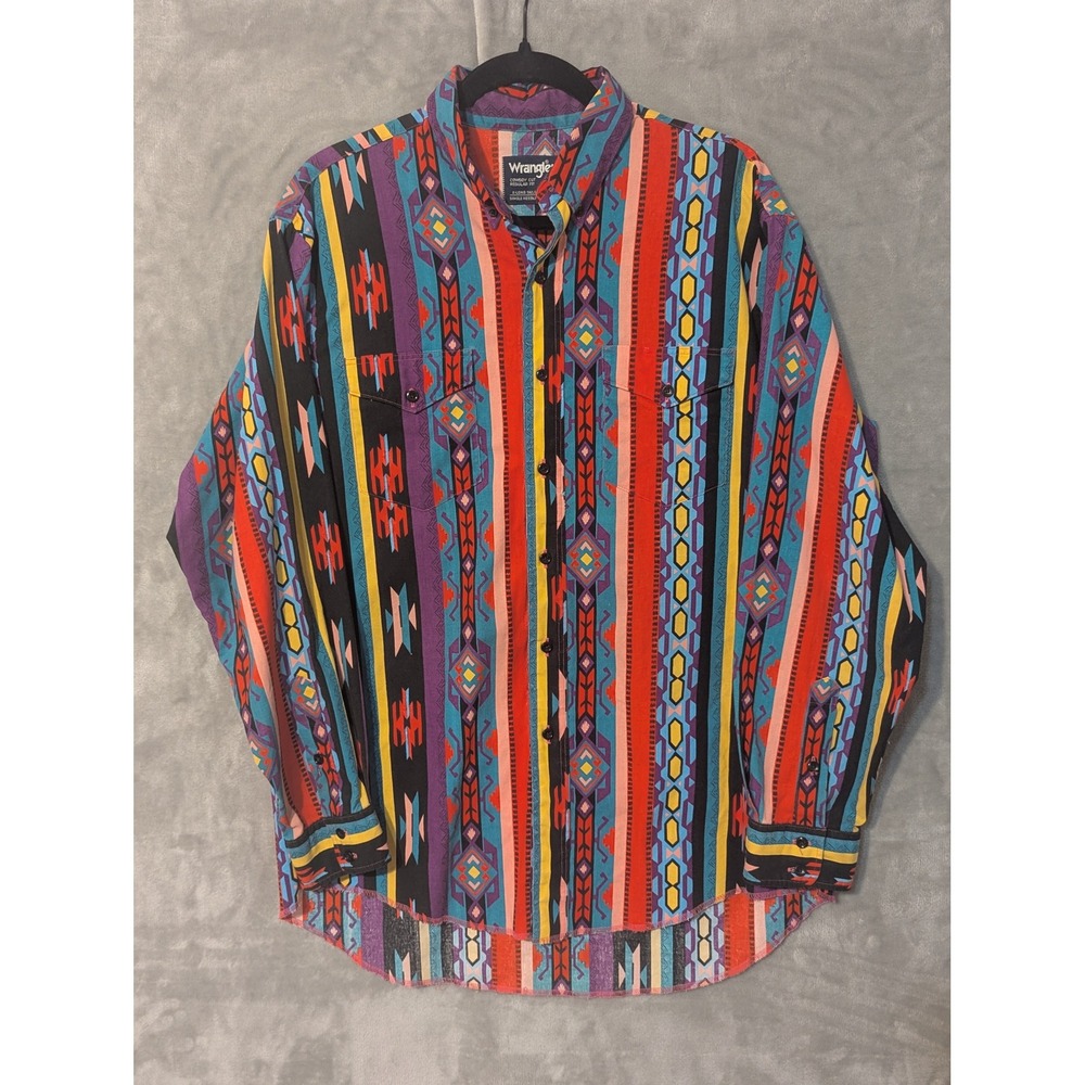 Wrangler Button Down Men 16.5 x 34‎ Multi Aztec Cowboy Cut Geometric Made in USA